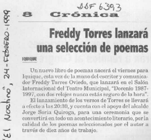 Freddy Torres lanzará una selección de poemas  [artículo].