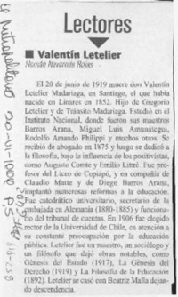 Valentín Letelier  [artículo] Hernán Navarrete Rojas.