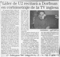 Líder de U2 recitará a Dorfman en cortometraje de la TV inglesa  [artículo].