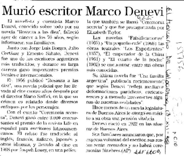 Murió escritor Marco Denevi  [artículo].
