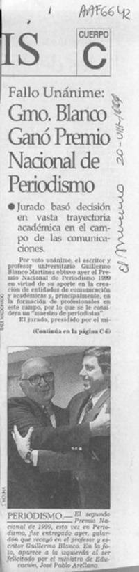 Gmo. Blanco ganó Premio Nacional de Periodismo  [artículo].