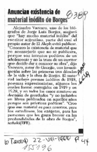 Anuncian existencia de material inédito de Borges  [artículo].