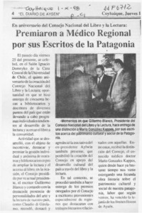 Premiaron a médico regional por sus escritos de la Patagonia  [artículo].