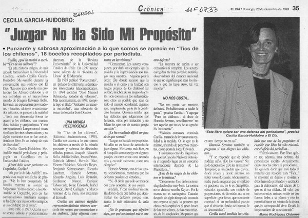 "Juzgar no ha sido mi propósito"  [artículo] Mario Rodríguez Ordenes.