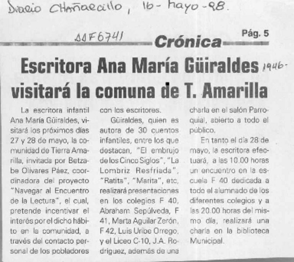 Escritora Ana María Güiraldes visitará la comuna de T. Amarilla  [artículo].