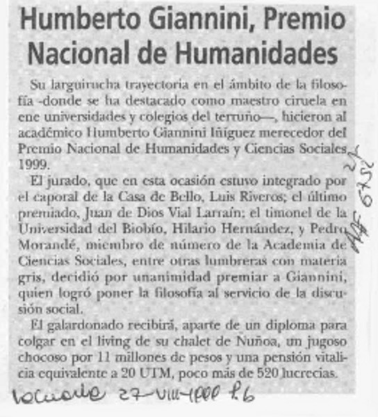 Humberto Giannini, Premio Nacional de Humanidades  [artículo].