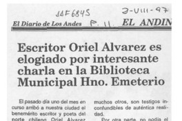 Escritor Oriel Alvarez es elogiado por interesante charla en la Biblioteca Municipal Hno. Emeterio  [artículo].