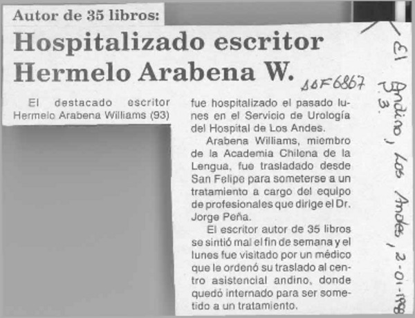 Hospitalizado escritor Hermelo Arabena W.  [artículo].