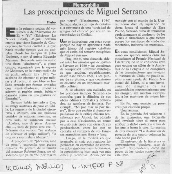 Las proscripciones de Miguel Serrano  [artículo] Filebo.