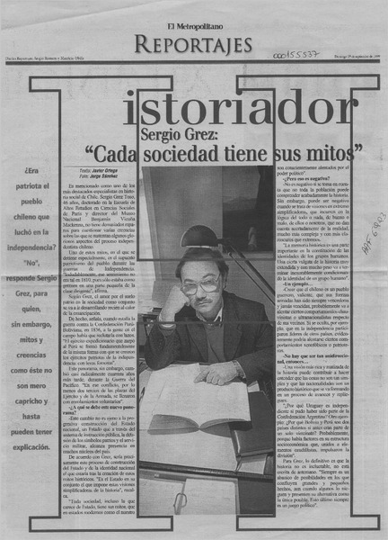 Historiador Sergio Grez, "Cada sociedad tiene sus mitos"  [artículo] Javier Ortega.
