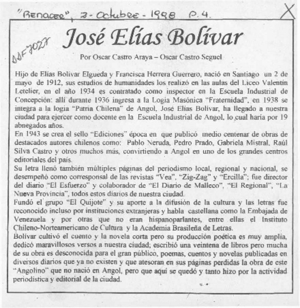 José Elías Bolívar  [artículo] Oscar Castro Araya [y] Oscar Castro Seguel.