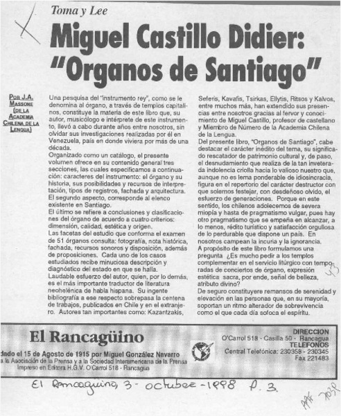 Miguel Castillo Didier, "Organos de Santiago"  [artículo] J. A. Massone.