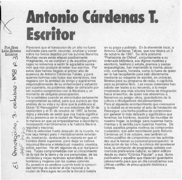 Antonio Cárdenas T., escritor  [artículo] René Leiva Berríos.