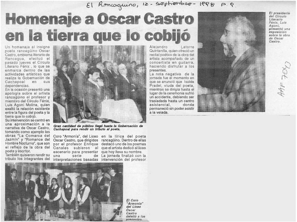 Homenaje a Oscar Castro en la tierra que lo cobijó  [artículo].