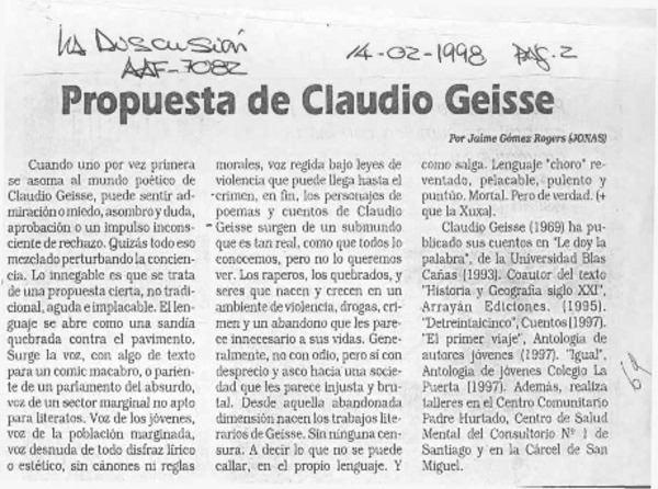 Propuesta de Claudio Geisse  [artículo] Jaime Gómez Rogers.