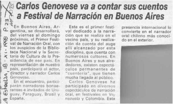 Carlos Genovese va a contar sus cuentos a Festival de Narración en Buenos Aires  [artículo].