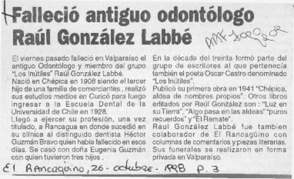 Falleció antiguo odontólogo Raúl González Labbé  [artículo].