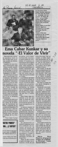 Ema Cabar Kunkar y su novela "El valor de vivir"  [artículo] Marta Mora Riquelme.
