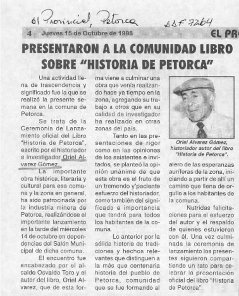 Presentarona la comunidad libro sobre "Historia de Petorca"  [artículo].