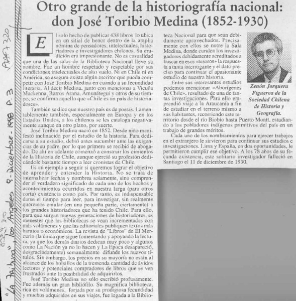 Otro grande de la historiografía nacional, don José Toribio Medina (1852-1930)  [artículo] Zenón Jorquera Figueroa.