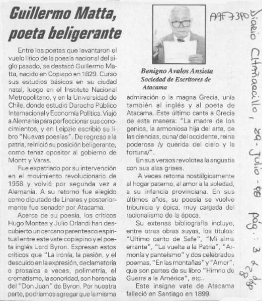 Guillermo Matta, poeta beligerante  [artículo] Benigno Avalos Ansieta.