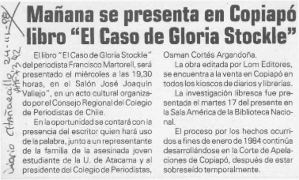 Mañana se presenta en Copiapó libro "El caso de Gloria Stockle"  [artículo].