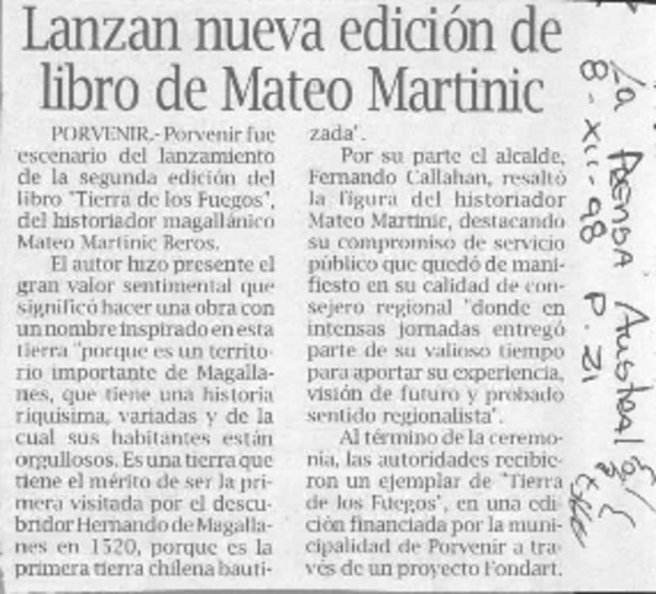 Lanzan nueva edición de libro de Mateo Martinic  [artículo].