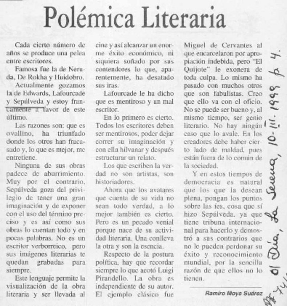 Polémica literaria  [artículo] Ramiro Moya Suárez.
