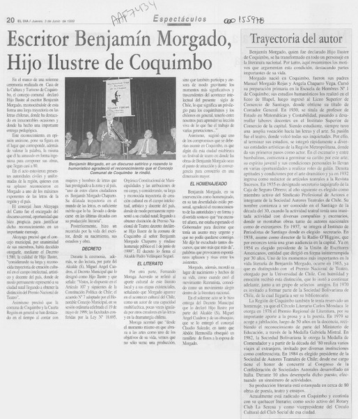 Escritor Benjamín Morgado, Hijo Ilustre de Coquimbo
