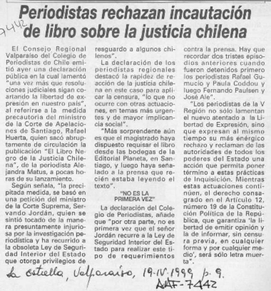 Periodistas rechazan incautación de libro sobre la justicia chilena  [artículo].