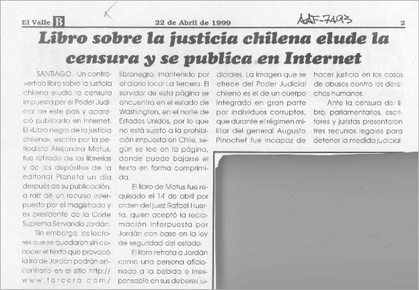 Libro sobre la justicia chilena elude la censura y se publica en internet  [artículo].