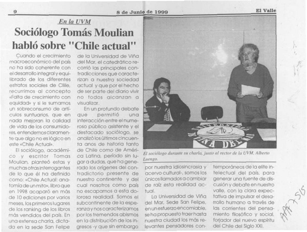 Sociólogo Tomás Moulian habló sobre "Chile actual"  [artículo].