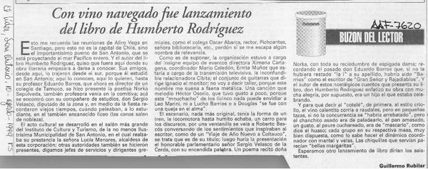 Con vino navegado fue lanzamiento del libro de Humberto Rodríguez  [artículo] Guillermo Rubilar.