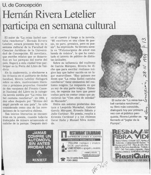 Hernán Rivera Letelier participa en semana cultural  [artículo].