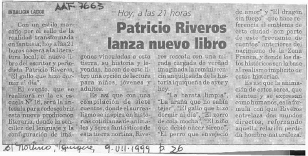 Patricio Riveros lanza nuevo libro  [artículo] Indalicia Lagos.