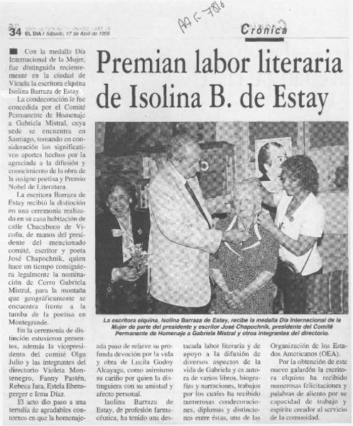 Premian labor literaria de Isolina B. de Estay  [artículo].