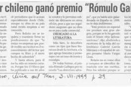 Escritor chileno ganó premio "Rómulo Gallegos"  [artículo].