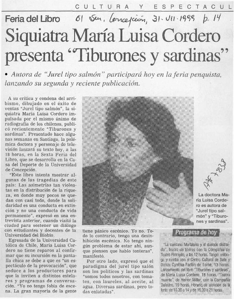 Siquiatra María Luisa Cordero presenta "Tiburones y sardinas"  [artículo].