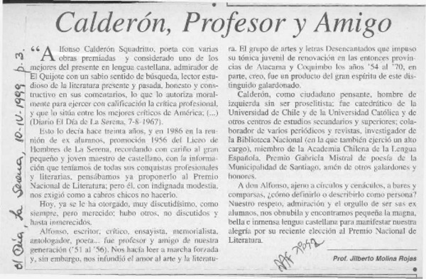 Calderón, profesor y amigo  [artículo] Jilberto Molina Rojas.