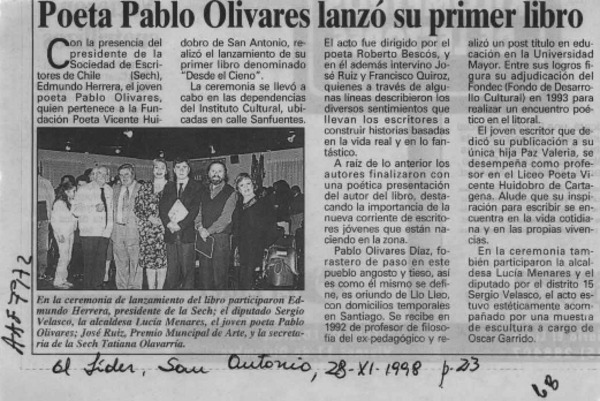 Poeta Pablo Olivares lanzó su primer libro  [artículo].