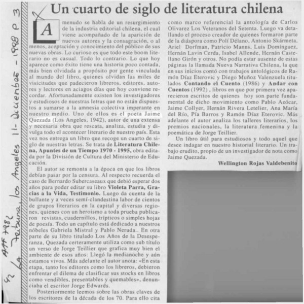 Un cuarto de siglo de literatura chilena  [artículo] Wellington Rojas Valdebenito.