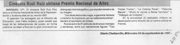 Cineasta Raúl Ruiz obtiene Premio Nacional de Artes  [artículo].