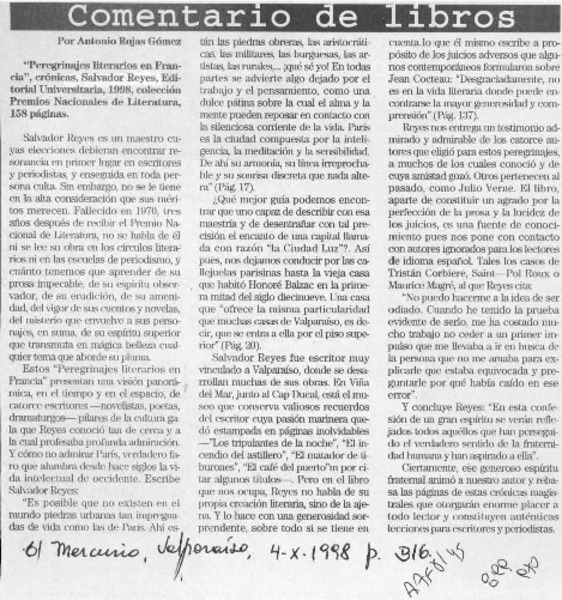 "Peregrinajes literarios en Francia"  [artículo] Antonio Rojas Gómez.