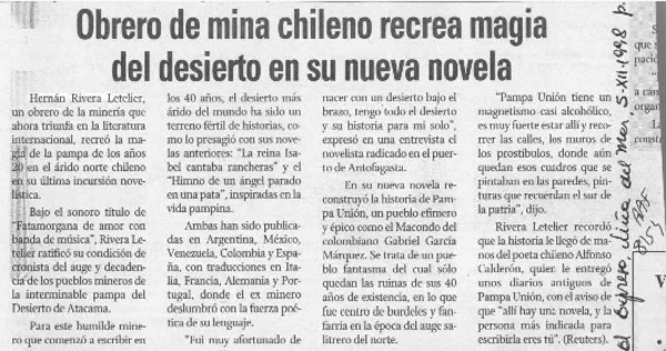 Obrero de mina chileno recrea magia del desierto en su nueva novela  [artículo].