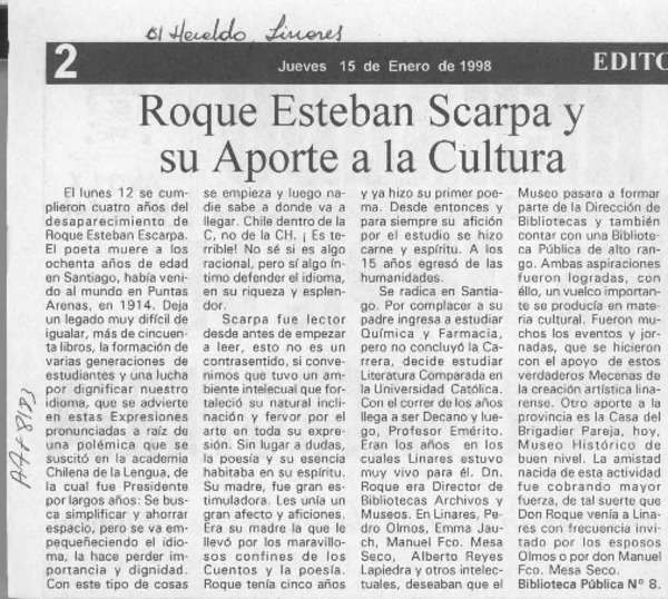 Roque Esteban Scarpa y su aporte a la cultura  [artículo].