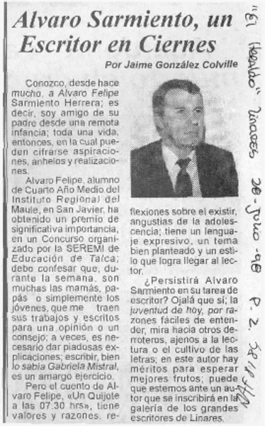 Alvaro Sarmiento, un escritor en ciernes  [artículo] Jaime González Colville.