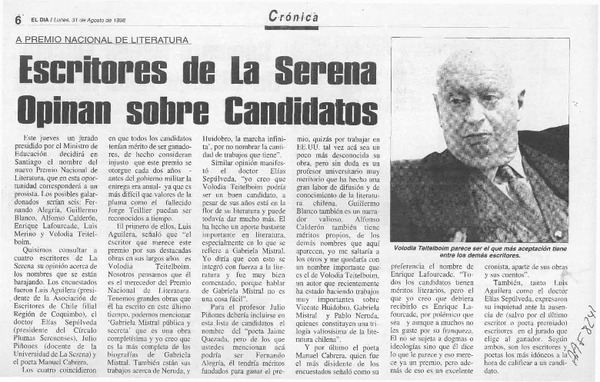 Escritores de La Serena opinan sobre candidatos  [artículo].