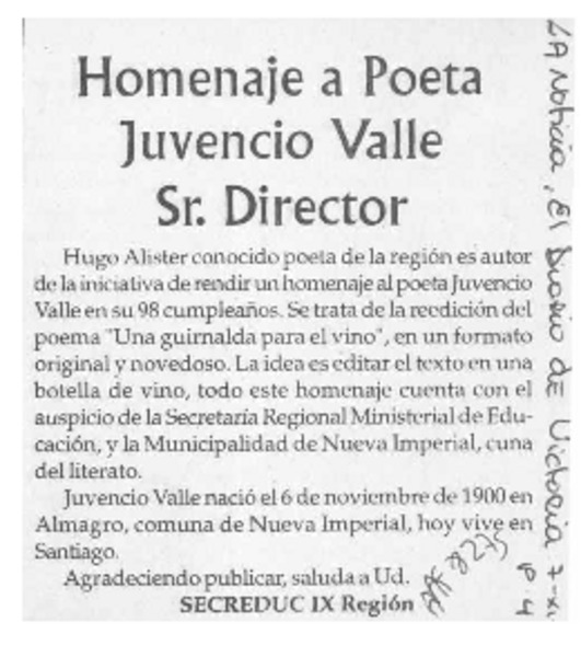 Homenaje a poeta Juvencio Valle  [artículo].