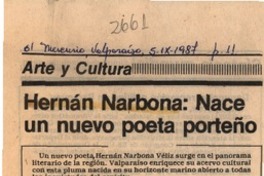 Hernán Narbona, nace un nuevo poeta porteño  [artículo] Pedro Mardones Barrientos.