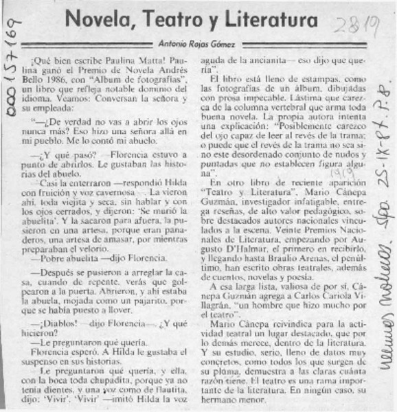 Novela, teatro y literatura  [artículo] Antonio Rojas Gómez.